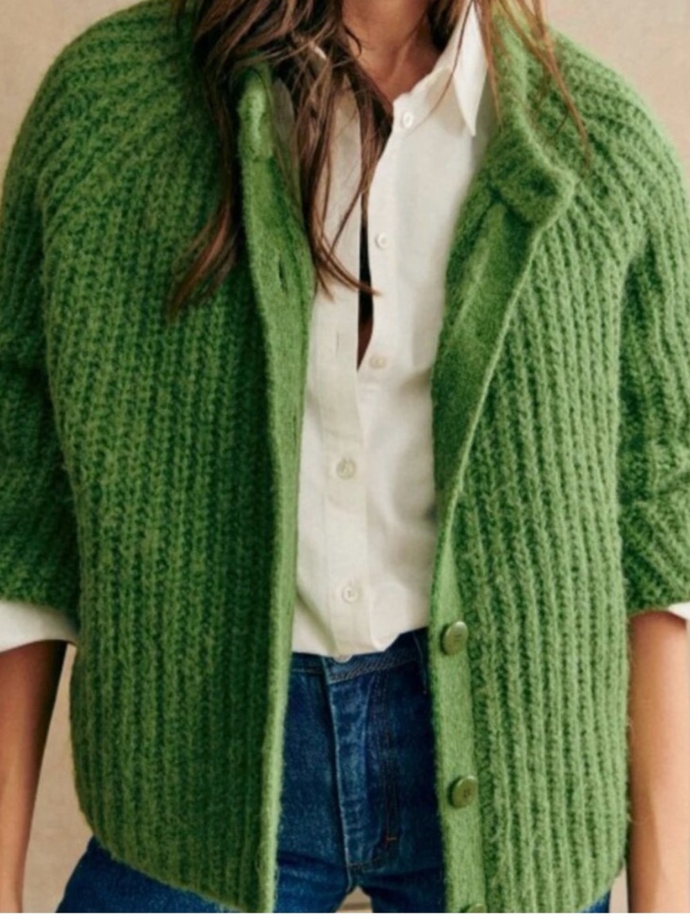 Sézane Emile Alpaca Wool Cardigan Women's Small Meadow Green Ribbed Button Front